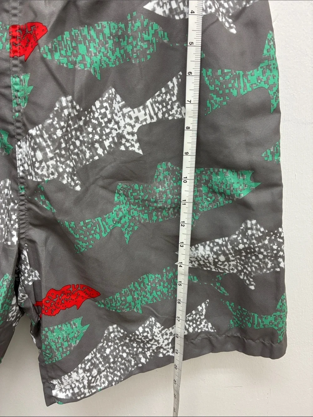 Gray Fish-Print Swim Trunks with Green & Red Accents